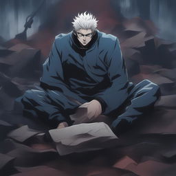 This high-quality digital art image, drawn in the style of the anime series Jujutsu Kaisen, depicts a seemingly bottomless pit shrouded in shadowy, ominous darkness