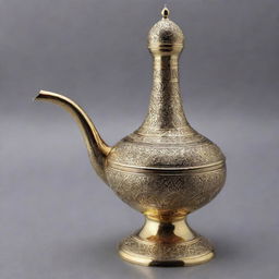 An artistically crafted traditional Middle Eastern dallah in shiny brass, decorated with intricate engraving.