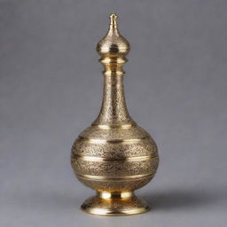 An artistically crafted traditional Middle Eastern dallah in shiny brass, decorated with intricate engraving.