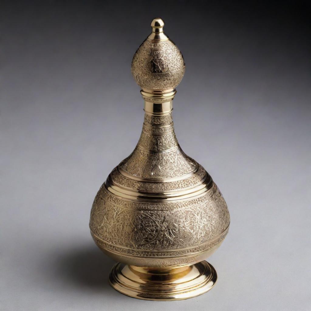 An artistically crafted traditional Middle Eastern dallah in shiny brass, decorated with intricate engraving.