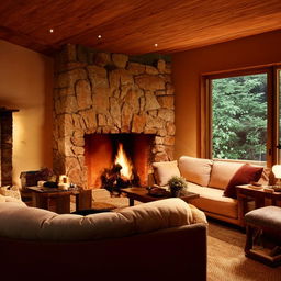 A quintessential cosy home with warm lighting, plush furnishings, a crackling fireplace, and an aura of tranquillity.