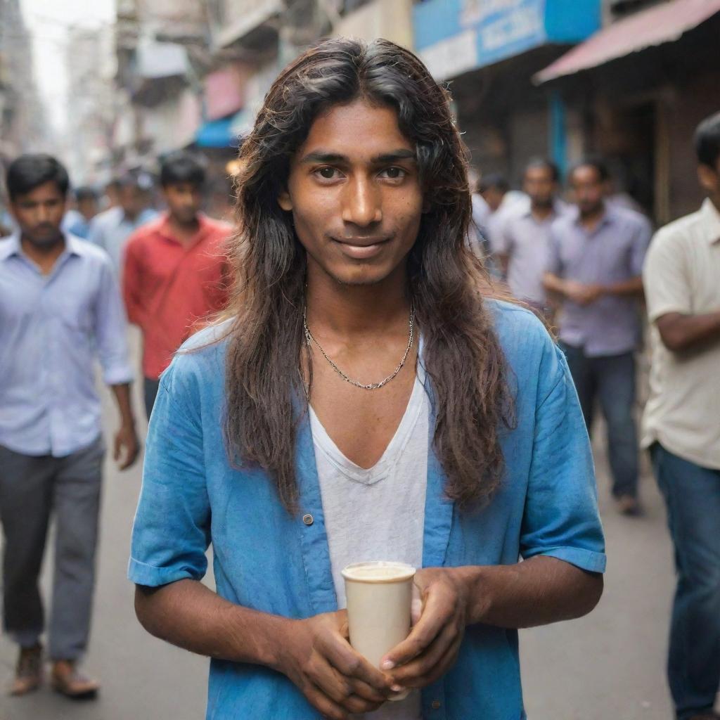 The 18-year-old chai seller on the crowded street with long, flowing hair and a noticeable chain around his neck, adds a touch of rebellion as he passionately prepares his chai.