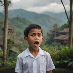 A young boy enthusiastically narrating a horror story, set against the exotic backdrop of Bali Island, with elements of suspense and Balinese culture evident.