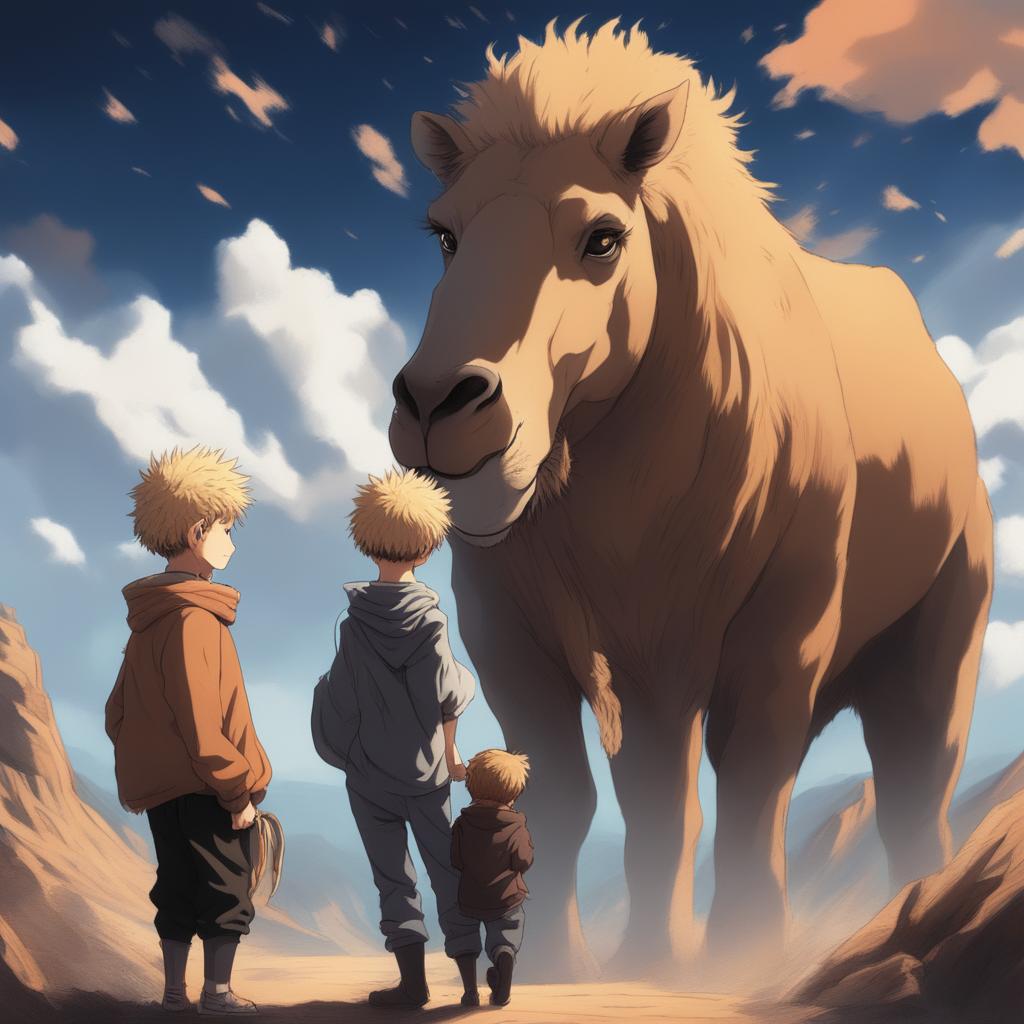 This high-quality digital art image, drawn in the style of the anime series Jujutsu Kaisen, features a camel, a lion, and a child