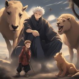 This high-quality digital art image, drawn in the style of the anime series Jujutsu Kaisen, features a camel, a lion, and a child