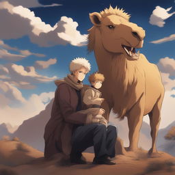 This high-quality digital art image, drawn in the style of the anime series Jujutsu Kaisen, features a camel, a lion, and a child