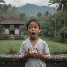 A young boy enthusiastically narrating a horror story, set against the exotic backdrop of Bali Island, with elements of suspense and Balinese culture evident.