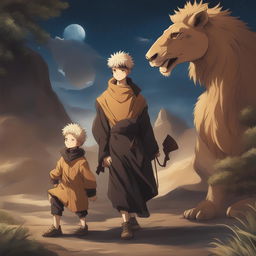 This high-quality digital art image, drawn in the style of the anime series Jujutsu Kaisen, features a camel, a lion, and a child