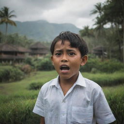 A young boy enthusiastically narrating a horror story, set against the exotic backdrop of Bali Island, with elements of suspense and Balinese culture evident.