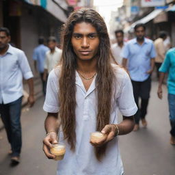 The 18-year-old chai seller on the crowded street with long, flowing hair and a noticeable chain around his neck, adds a touch of rebellion as he passionately prepares his chai.