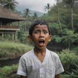 A young boy enthusiastically narrating a horror story, set against the exotic backdrop of Bali Island, with elements of suspense and Balinese culture evident.