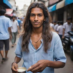 The 18-year-old chai seller on the crowded street with long, flowing hair and a noticeable chain around his neck, adds a touch of rebellion as he passionately prepares his chai.