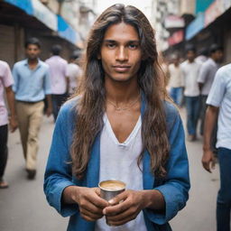 The 18-year-old chai seller on the crowded street with long, flowing hair and a noticeable chain around his neck, adds a touch of rebellion as he passionately prepares his chai.