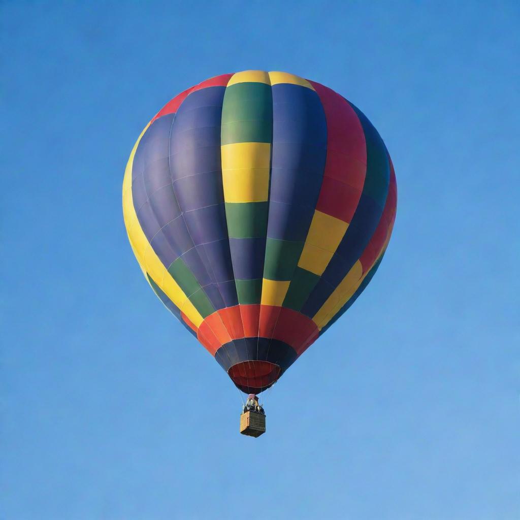 A detailed, colorful hot air balloon floating in the clear blue sky