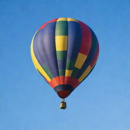 A detailed, colorful hot air balloon floating in the clear blue sky