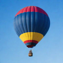 A detailed, colorful hot air balloon floating in the clear blue sky