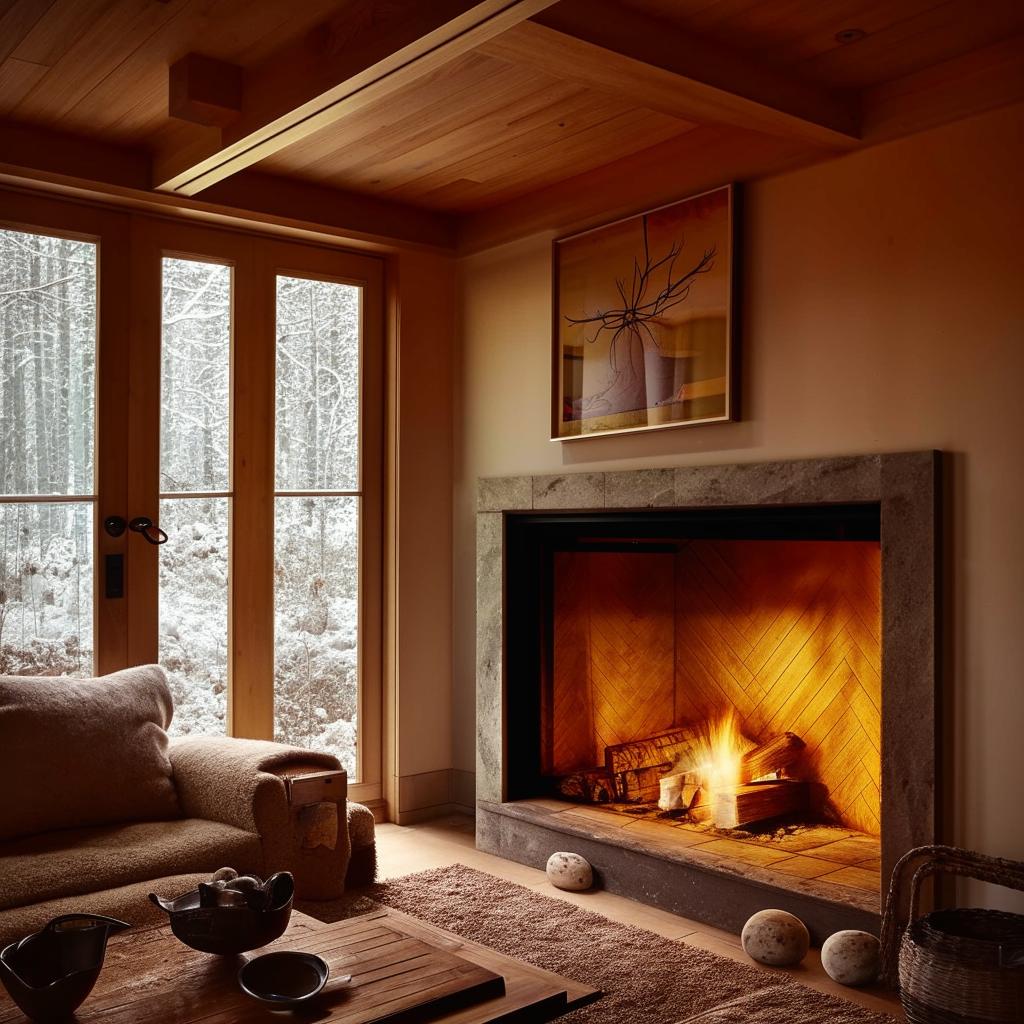 A quintessential cosy home with warm lighting, plush furnishings, a crackling fireplace, and an aura of tranquillity.