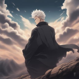 This high-quality digital art image, drawn in the style of the anime series Jujutsu Kaisen, depicts a transcendent man standing atop a hill