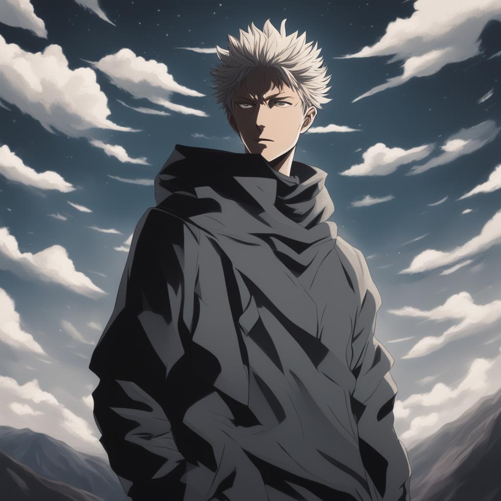 This high-quality digital art image, drawn in the style of the anime series Jujutsu Kaisen, depicts a transcendent man standing atop a hill