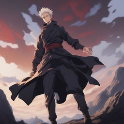 This high-quality digital art image, drawn in the style of the anime series Jujutsu Kaisen, depicts a transcendent man standing atop a hill