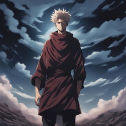 This high-quality digital art image, drawn in the style of the anime series Jujutsu Kaisen, depicts a transcendent man standing atop a hill