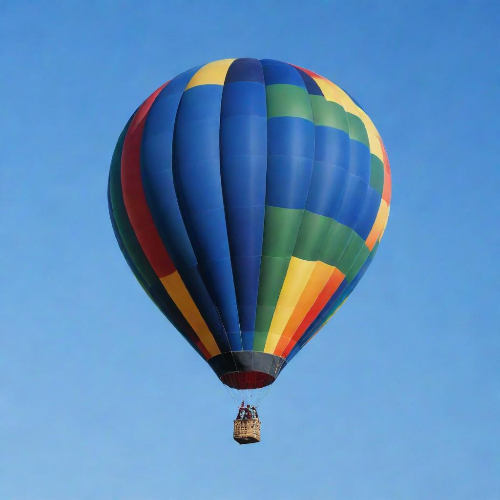 A detailed, colorful hot air balloon floating in the clear blue sky