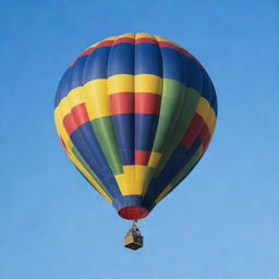 A detailed, colorful hot air balloon floating in the clear blue sky