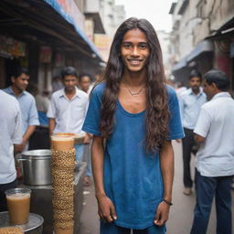 The long-haired 18-year-old chai seller with a chain around his neck now stands upright, revealing his towering height as he enthusiastically prepares chai on his busy city street stall.