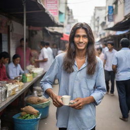 The long-haired 18-year-old chai seller with a chain around his neck now stands upright, revealing his towering height as he enthusiastically prepares chai on his busy city street stall.