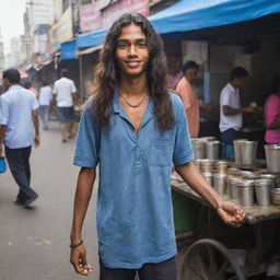 The long-haired 18-year-old chai seller with a chain around his neck now stands upright, revealing his towering height as he enthusiastically prepares chai on his busy city street stall.