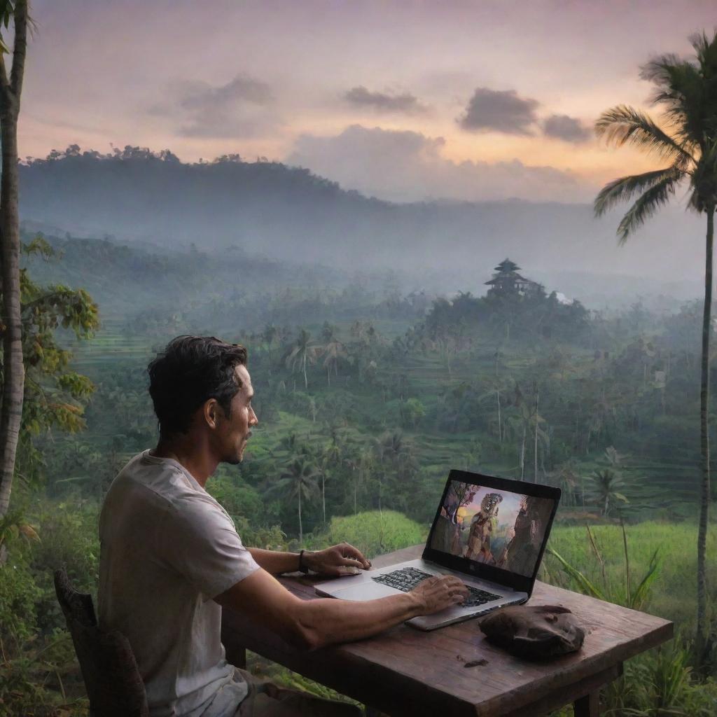 An animated man narrating a horror movie with the scenic beauty of Bali in the background.