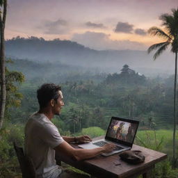 An animated man narrating a horror movie with the scenic beauty of Bali in the background.