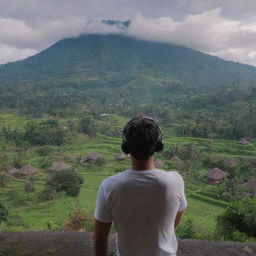 An animated man narrating a horror movie with the scenic beauty of Bali in the background.