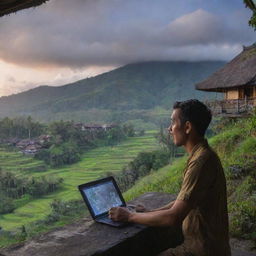 An animated man narrating a horror movie with the scenic beauty of Bali in the background.