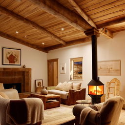 A quintessential cosy home with warm lighting, plush furnishings, a crackling fireplace, and an aura of tranquillity.