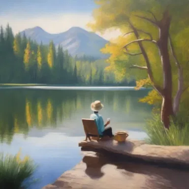 The artist painted a serene masterpiece capturing a tranquil scene of a person enjoying a cup of decaf by a tranquil lake.