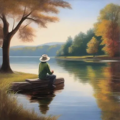 The artist painted a serene masterpiece capturing a tranquil scene of a person enjoying a cup of decaf by a tranquil lake.