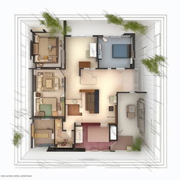 Create a 3D architectural rendering of a home with detailed floor plan, scale annotations, and realistic texturing to visualize the space effectively.