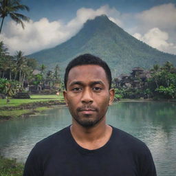 Animate a Youtube profile image of a man, inspired by horror movies, with a backdrop of the beautiful Bali Island scenery with iconic landmarks.