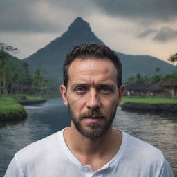 Animate a Youtube profile image of a man, inspired by horror movies, with a backdrop of the beautiful Bali Island scenery with iconic landmarks.