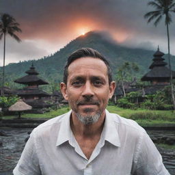 Animate a Youtube profile image of a man, inspired by horror movies, with a backdrop of the beautiful Bali Island scenery with iconic landmarks.