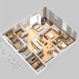 Create a 3D architectural rendering of a home with detailed floor plan, scale annotations, and realistic texturing to visualize the space effectively.