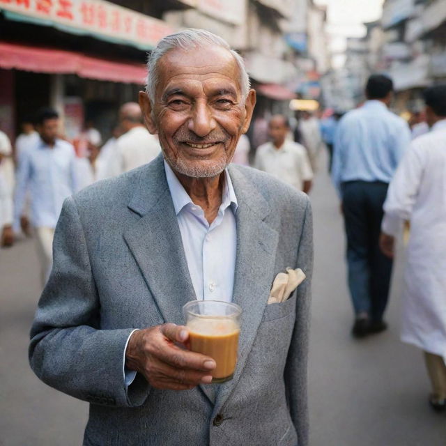 A well-dressed elderly man from high society, yet surprisingly selling chai on the bustling street with a satisfied smile and whisper of luxury about him.