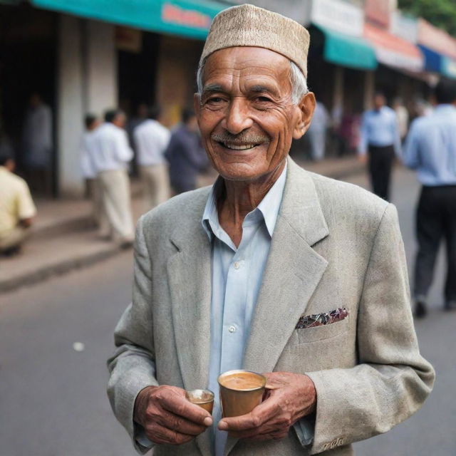 A well-dressed elderly man from high society, yet surprisingly selling chai on the bustling street with a satisfied smile and whisper of luxury about him.