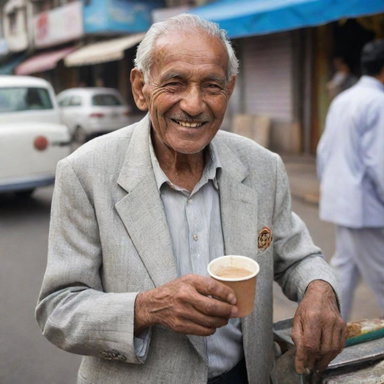 A well-dressed elderly man from high society, yet surprisingly selling chai on the bustling street with a satisfied smile and whisper of luxury about him.