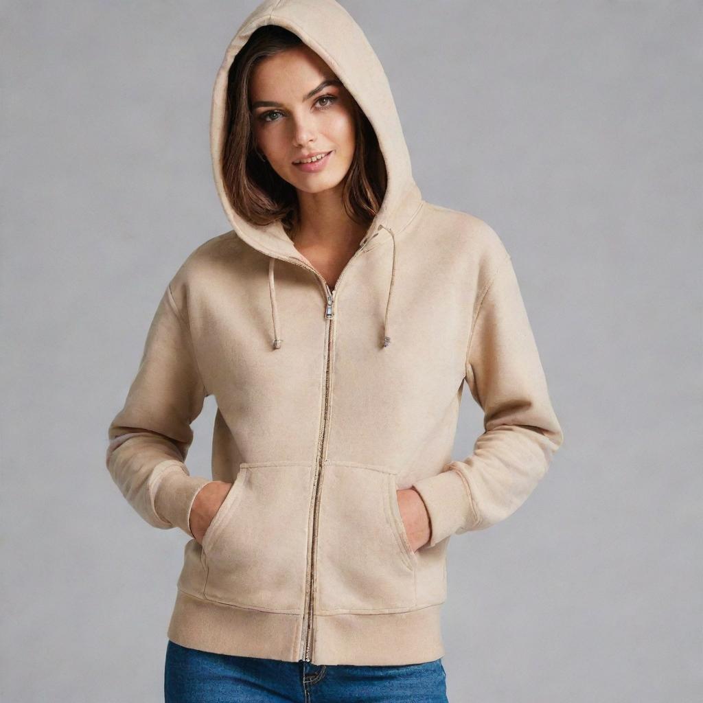 A beige hooded sweatshirt or kangaroo jacket