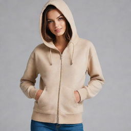 A beige hooded sweatshirt or kangaroo jacket