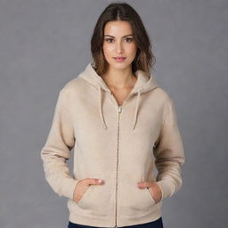 A beige hooded sweatshirt or kangaroo jacket