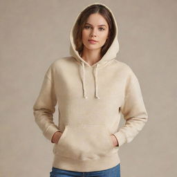 A beige hooded sweatshirt or kangaroo jacket