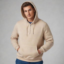 A beige hooded sweatshirt or kangaroo jacket